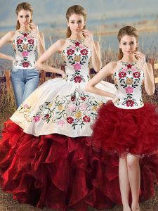 Floor Length Lace Up Quinceanera Dresses White And Red for Sweet 16 and Quinceanera with Embroidery and Ruffles