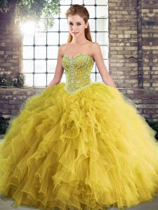 High End Floor Length Lace Up Quince Ball Gowns Gold for Military Ball and Sweet 16 and Quinceanera with Beading and Ruffles