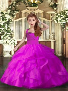 Floor Length Fuchsia Little Girl Pageant Dress Tulle Sleeveless Ruffles