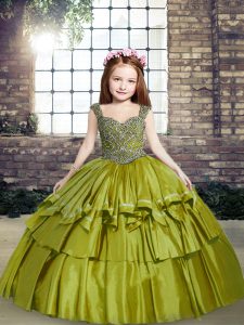Olive Green Taffeta Lace Up Glitz Pageant Dress Sleeveless Floor Length Beading