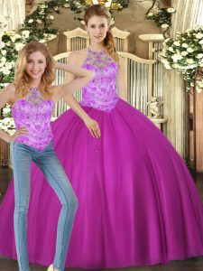 Cheap Fuchsia Lace Up Halter Top Beading Sweet 16 Dress Tulle Sleeveless