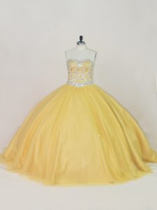 Gold Sleeveless Tulle Lace Up 15 Quinceanera Dress for Sweet 16 and Quinceanera