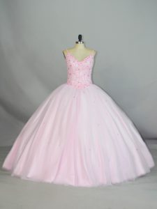 Baby Pink Lace Up Sweet 16 Quinceanera Dress Beading and Lace Sleeveless Floor Length