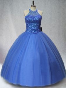 Blue Sleeveless Tulle Lace Up Quinceanera Dresses for Sweet 16 and Quinceanera