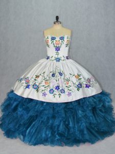 Sweet Blue Sweetheart Neckline Embroidery and Ruffles Quinceanera Gown Sleeveless Lace Up