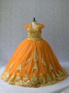 Appliques 15 Quinceanera Dress Gold Lace Up Sleeveless Court Train