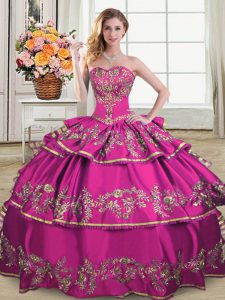Colorful Sleeveless Floor Length Embroidery and Ruffled Layers Lace Up Vestidos de Quinceanera with Fuchsia