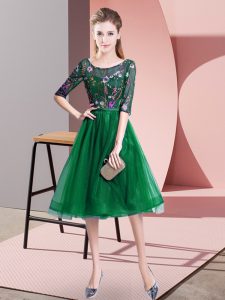 Pretty Dark Green Empire Scoop Half Sleeves Tulle Knee Length Lace Up Embroidery Quinceanera Dama Dress