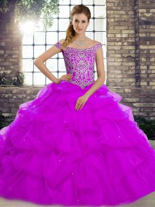 Purple Quinceanera Dresses Military Ball and Sweet 16 and Quinceanera with Beading and Pick Ups Off The Shoulder Sleeveless Brush Train Lace Up