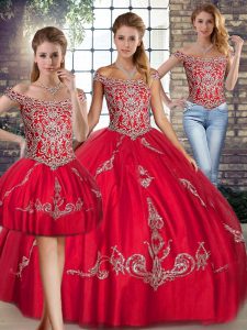 Red Quinceanera Gowns Military Ball and Sweet 16 and Quinceanera with Beading and Embroidery Off The Shoulder Sleeveless Lace Up