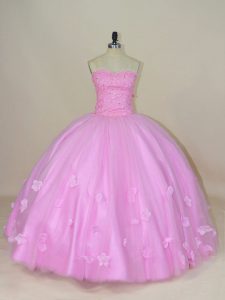 Sleeveless Floor Length Beading and Hand Made Flower Lace Up 15th Birthday Dress with Lilac