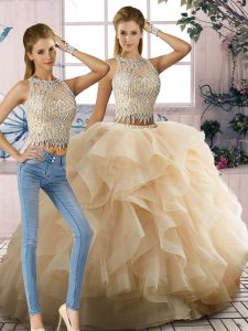 Champagne Zipper Scoop Beading and Ruffles Quinceanera Gowns Tulle Sleeveless