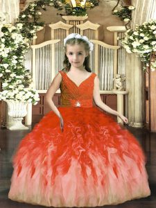 V-neck Sleeveless Backless Little Girls Pageant Dress Rust Red Tulle