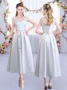 Fashion Satin Cap Sleeves Tea Length Dama Dress and Appliques
