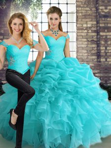Elegant Aqua Blue Sleeveless Beading and Ruffles and Pick Ups Floor Length Vestidos de Quinceanera