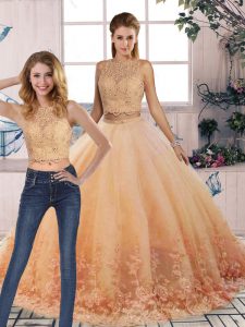 Edgy Peach Sleeveless Sweep Train Lace Vestidos de Quinceanera