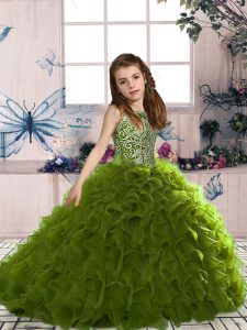 Olive Green Organza Lace Up Little Girls Pageant Dress Wholesale Sleeveless Floor Length Beading and Ruffles