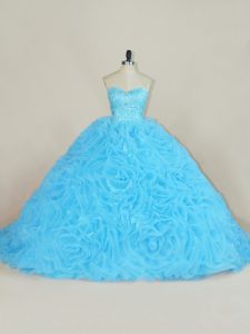 Trendy Sweetheart Sleeveless Court Train Lace Up 15th Birthday Dress Baby Blue Organza