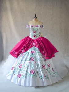 Top Selling Pink And White Ball Gowns Organza Off The Shoulder Sleeveless Embroidery and Ruffles Floor Length Lace Up Sweet 16 Dress