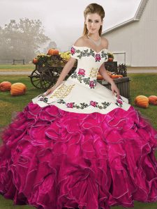 Fuchsia Ball Gowns Off The Shoulder Sleeveless Organza Floor Length Lace Up Embroidery and Ruffles Quinceanera Gown