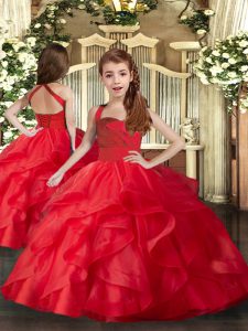 New Style Straps Sleeveless Lace Up Child Pageant Dress Red Tulle