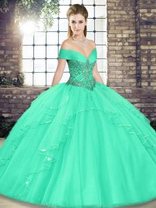 Free and Easy Sleeveless Tulle Floor Length Lace Up 15 Quinceanera Dress in Apple Green with Beading and Ruffles