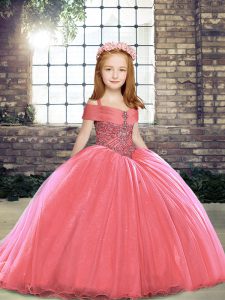 Custom Made Straps Sleeveless Little Girls Pageant Dress Wholesale Brush Train Beading Watermelon Red Tulle