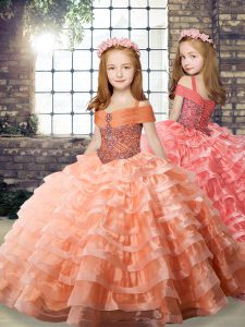 Best Orange Winning Pageant Gowns Straps Long Sleeves Brush Train Lace Up