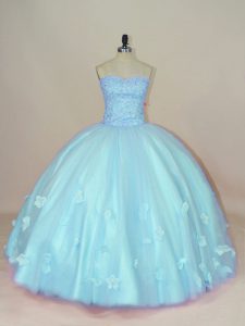 Cute Aqua Blue Tulle Lace Up Sweetheart Sleeveless Floor Length 15th Birthday Dress Beading and Hand Made Flower