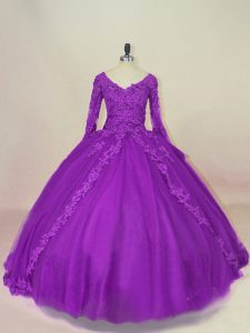 Wonderful V-neck Long Sleeves Lace Up Sweet 16 Dress Purple Tulle