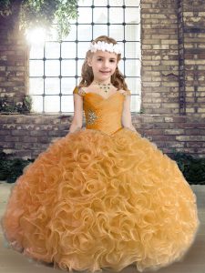 Fabric With Rolling Flowers Sleeveless Floor Length Little Girls Pageant Dress and Beading