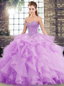 Fantastic Sleeveless Brush Train Lace Up Beading and Ruffles Ball Gown Prom Dress