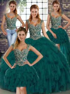 Hot Sale Ball Gowns Quinceanera Gown Peacock Green Straps Organza Sleeveless Floor Length Lace Up