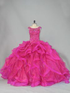 Beautiful Scoop Sleeveless Sweet 16 Dress Brush Train Beading and Ruffles Hot Pink Organza