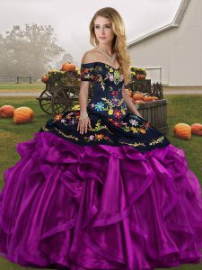 Exceptional Floor Length Lace Up 15th Birthday Dress Black And Purple for Military Ball and Sweet 16 and Quinceanera with Embroidery and Ruffles