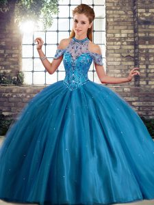 Graceful Halter Top Sleeveless Sweet 16 Dresses Brush Train Beading Blue Tulle