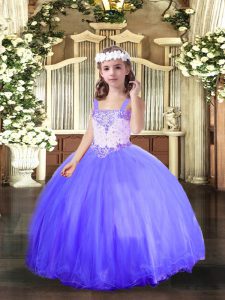 Custom Fit Ball Gowns High School Pageant Dress Blue Straps Tulle Sleeveless Floor Length Lace Up