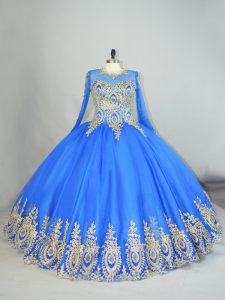 High Class Floor Length Blue Quinceanera Gowns Tulle Long Sleeves Beading and Appliques