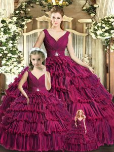 Attractive Ball Gowns Sweet 16 Dresses Burgundy V-neck Organza Sleeveless Floor Length Backless
