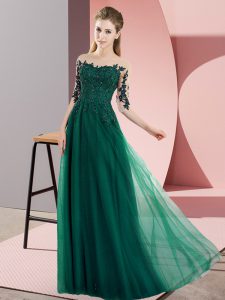 Floor Length Dark Green Quinceanera Court Dresses Chiffon Half Sleeves Beading and Lace