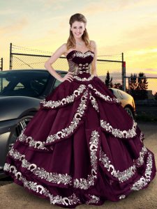 Purple Lace Up Sweetheart Embroidery and Ruffled Layers Vestidos de Quinceanera Satin Sleeveless