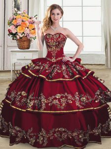 Wine Red Sleeveless Floor Length Embroidery and Ruffled Layers Lace Up Ball Gown Prom Dress