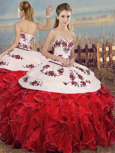 Simple White And Red Lace Up Sweetheart Embroidery and Ruffles 15 Quinceanera Dress Organza Sleeveless