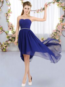 Sleeveless Chiffon High Low Lace Up Vestidos de Damas in Royal Blue with Beading