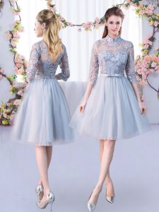 Grey Empire High-neck Half Sleeves Tulle Knee Length Lace Up Lace and Belt Quinceanera Dama Dress