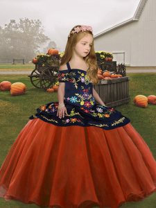Simple Rust Red Straps Lace Up Embroidery Pageant Gowns For Girls Sleeveless