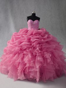 Sleeveless Organza Floor Length Lace Up Sweet 16 Dresses in Rose Pink with Beading and Ruffles and Pick Ups