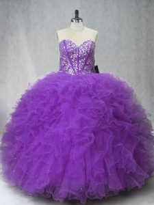 Affordable Beading and Ruffles Sweet 16 Quinceanera Dress Purple Lace Up Sleeveless Floor Length