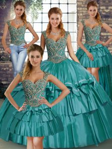 Teal Straps Neckline Beading and Ruffled Layers Vestidos de Quinceanera Sleeveless Lace Up