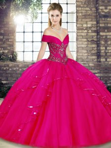 High End Fuchsia Off The Shoulder Lace Up Beading and Ruffles Quinceanera Gown Sleeveless